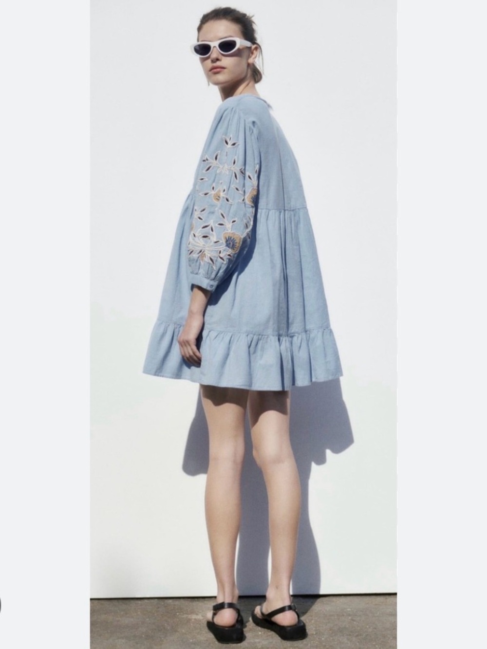 Zara Light Blue Embroidered V-Neck Mini Dress - Picture 2 of 5